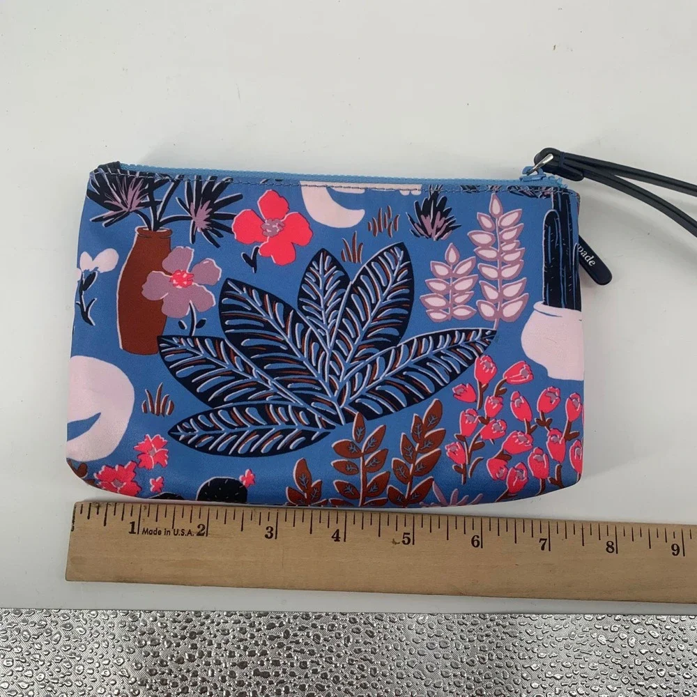 Kate Spade Cat in the Garden Blue Nylon Wristlet Pouch Floral Botanical Pouch